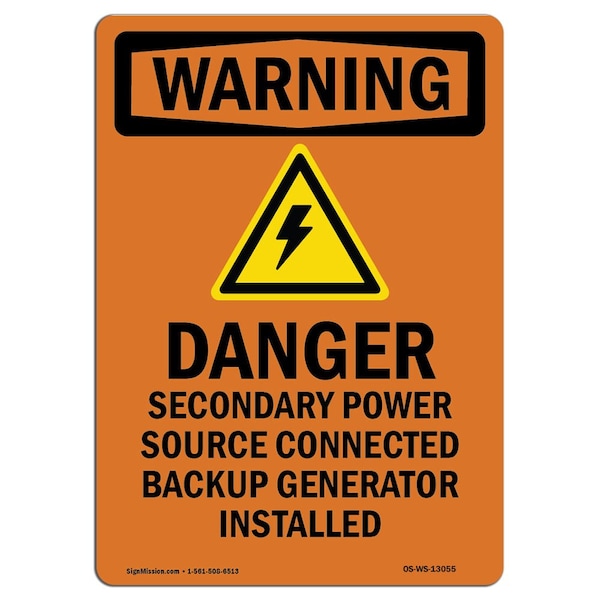 Safety Sign, OSHA WARNING, 5" Height, Danger Secondary Power, Portrait, 10PK